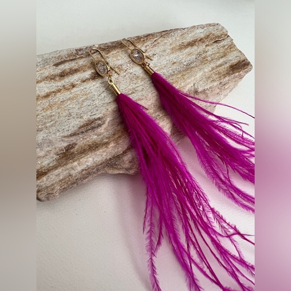 Long Dangle Pink Feather Hippie Chic Earrings - Fun Boho Chic Earrings - Picture 8 of 13